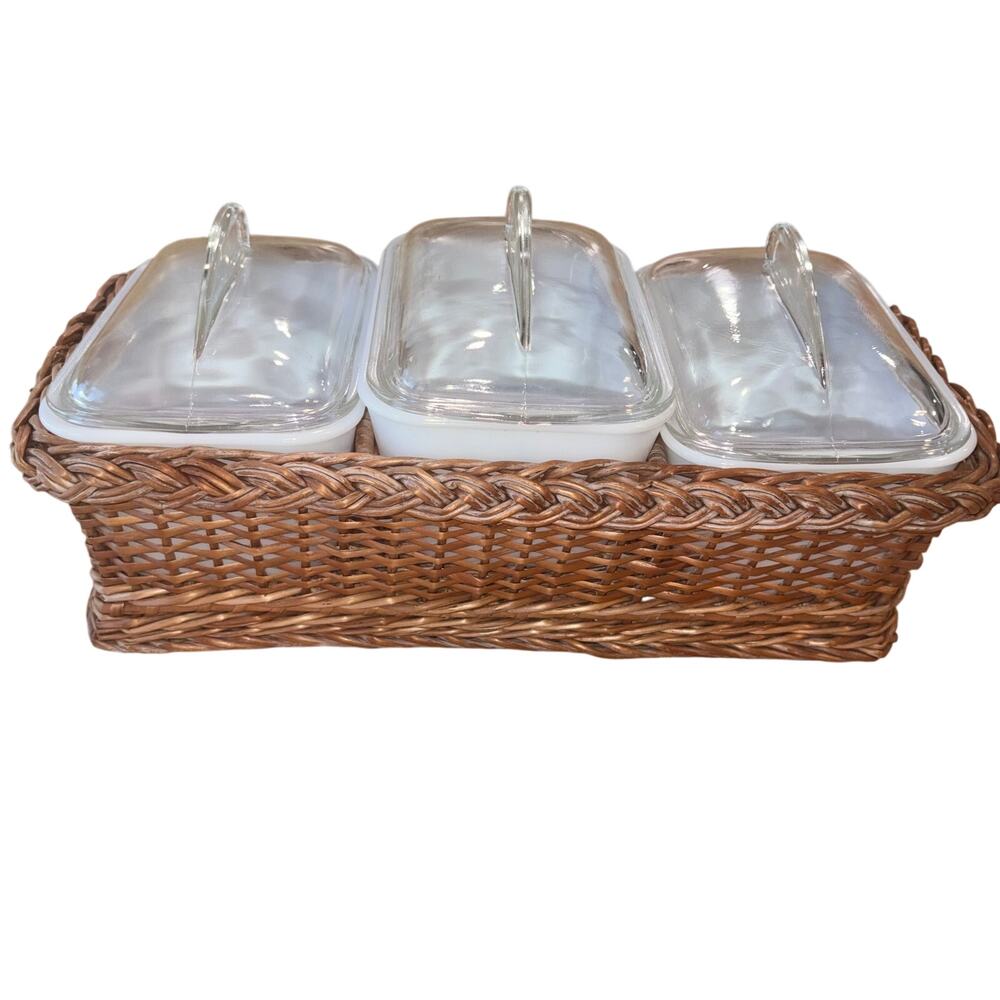VNTG Glasbake J-305 White Milk Glass Set 3 Covered Loaf Dishes Wicker Basket